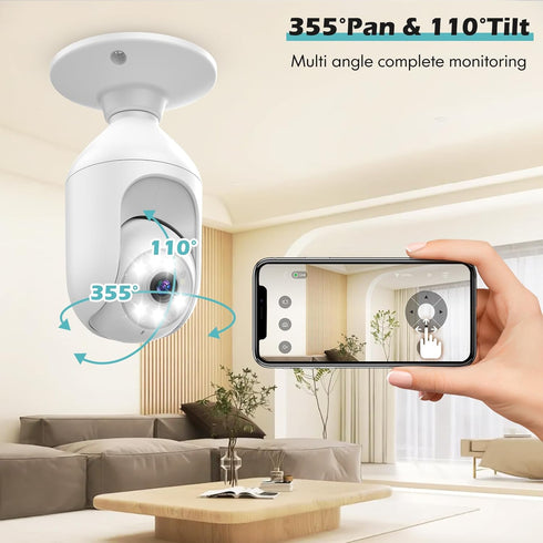 2K Bulb Security Cameras Wireless Outdoor Indoor, 2.4GHz WiFi Cameras for Home Security with Spotlight, Color Night Vision, Motion Detection, 2-Wa...