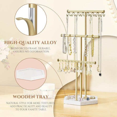 Pinzoveco Jewelry Organizer, 3 Tier Jewelry Holder Organizer with Tray, Jewelry Tree with Earring Organizer, 16 Hooks Necklace Holder, Bracelet Or...