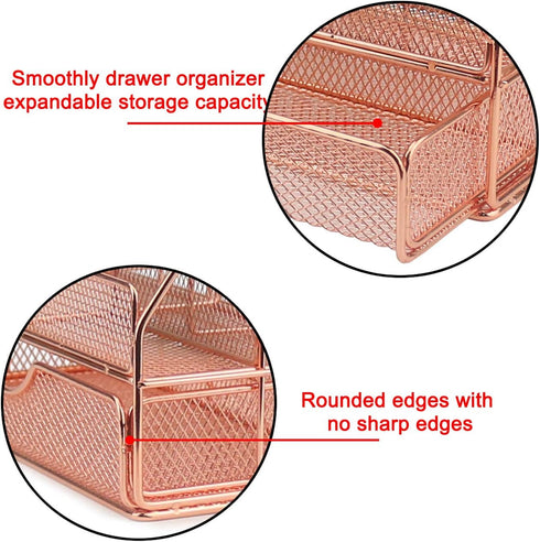 Ogrmar Rose Gold Desk Supplies Organizer, Multi-functional Mesh Desk Organizer with 6 Compartments & Desk Drawer Organizer for Office Supplies and...