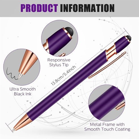 12 Pieces Ballpoint Pen with Stylus Tip, 1.0 mm Black Ink Metal Pen Stylus Pen for Touch Screens, 2 in 1 Stylus Ballpoint Pen (Purple and Rose Gol...