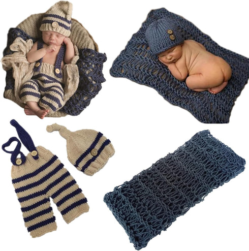 3 PCS Newborn Photography Prop Baby Hat Knitted Handmade Cover Diaper with Toddler Swaddle Blankets Wraps for Infant Boy Girl Princess Twins...