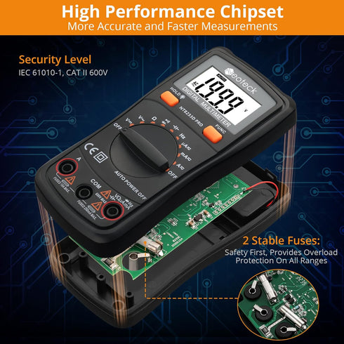 Neoteck Auto Ranging Digital Multimeter AC/DC Voltage Current Ohm Capacitance Frequency Diode Transistor Audible Continuity, Multi Tester with Bac...