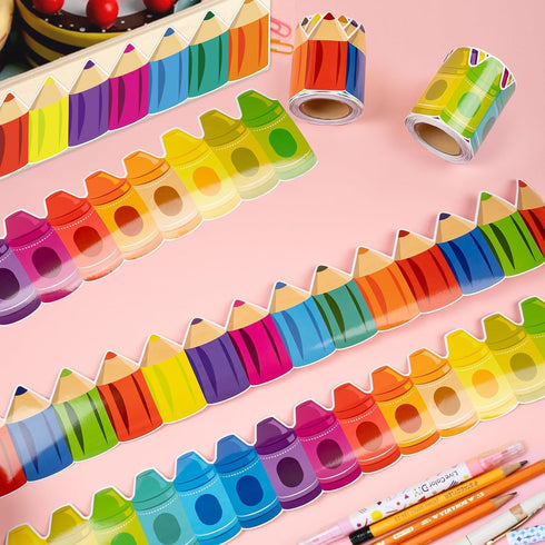 52ft Bulletin Board Border Decorations - 2 Rolls Rainbow Crayon Border Trim for School Classroom Chalkboard Bulletin Board Wall Window Door Decor...