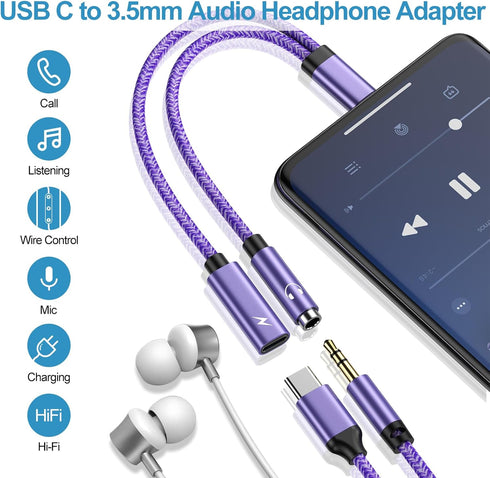 USB C to 3.5mm Audio Headphone & Android Phone Charger Adapter, 2-in-1 Type C to Aux Earphone Jack Dongle Cable & 60W Fast Charging for Samsung Ga...