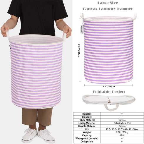 Sea Team 19.7 Inches Large Sized Waterproof Coating Ramie Cotton Fabric Folding Laundry Hamper Bucket Cylindric Burlap Canvas Storage Basket (19.7...