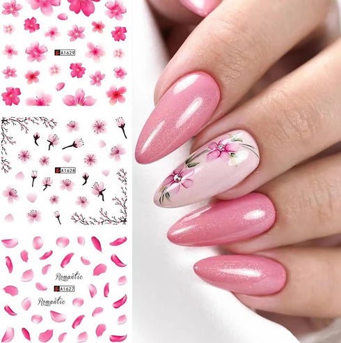 12 Pcs Spring Nail Stickers Pink Cherry Flowers Nail Water Decals Floral Nail Art Stickers Decals Holiday Transfer Foil Nail Stickers Self-Adhesiv...