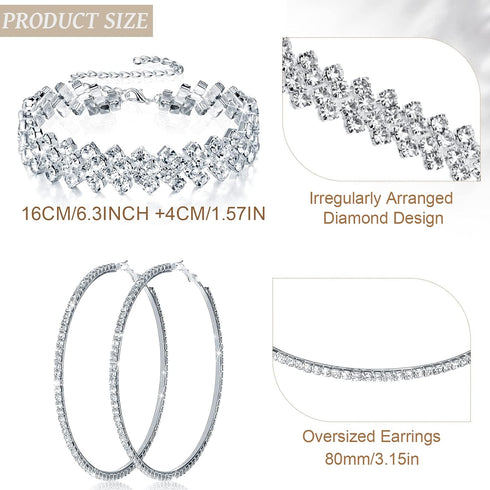 3 Pieces Women Rhinestone Jewelry Set Rhinestone Choker Necklace Crystal Bracelet Crystal Big Hoop Earrings for Wedding Bridal Party (Stylish 3 Ro...