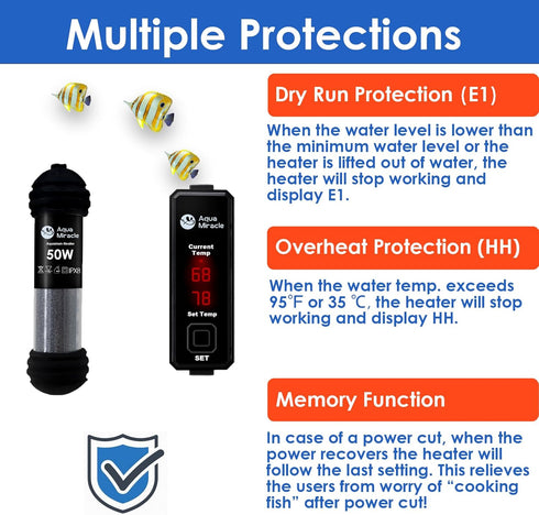 AquaMiracle Upgraded 50W Small Aquarium Heater Fish Tank Heater Turtle Heater Super Mini Aquarium Heater, Dry-Run/Overheating Protection and Memor...