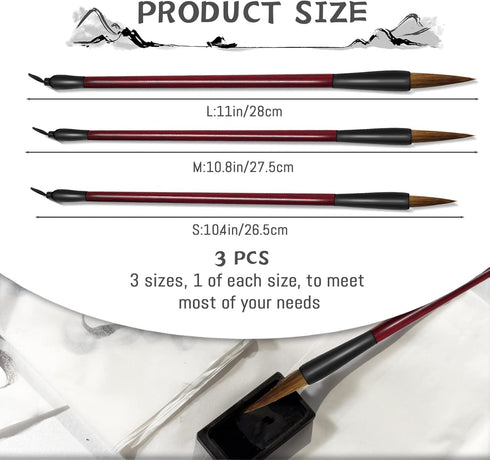 3 Sizes Chinese Calligraphy Brush Set, Kanji Sumi Drawing Brush with Resin Handle, Professional Traditional Chinese Painting Brush for Beginners S...