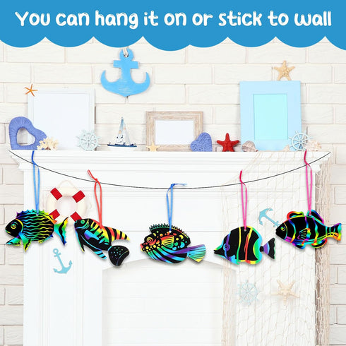 Motionchic 80 Pieces Tropical Fish Scratch Card for Kids Rainbow Ocean Fish Paper Crafts Sea Animal Ornament Under The Sea Party Favors with Woode...