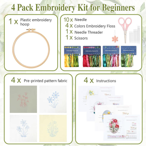 LOMOHOO 4 Sets Ribbon Flower Embroidery Kit for Beginners, Needlepoint Stamped Cross Stitch Starter Kits, Stitch Learning DIY Kit with Flower Patt...