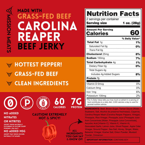 Mission Meats Carolina Reaper Jerky from 100% Grass Fed & Pasture Raised Beef, Caution: Extremely Spicy, Small Batch Hand Crafted, Gluten Free, 2o...