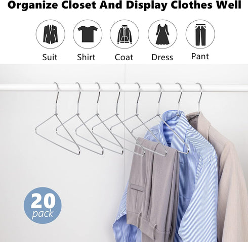 Amber Home 20 Pack Heavy Duty Metal Shirt Coat Hangers, Stainless Steel Clothes Hanger with Polished Chrome, 17 Inch Silver Metal Wire Hanger...