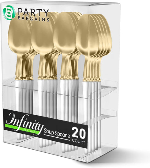 Party Bargains Disposable Plastic White Gold Soup Spoons, Infinity Modern Design Utensils, 20 Pack...
