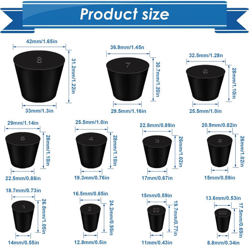 24Pcs Solid Rubber Stopper 11 Assorted Sizes 000# - 8# for Flask, Plug Holes, Lab Seal Rubber Stoppers...