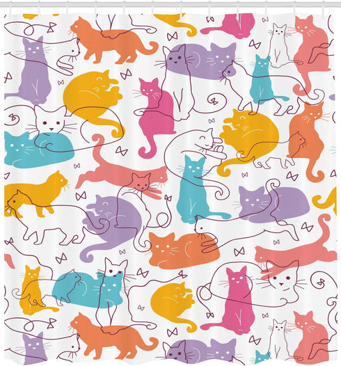 Ambesonne Cat Shower Curtain, Colorful Cats Jumping Playing Sitting Relaxing Feline Joyful Modern Line Art, Cloth Fabric Bathroom Decor Set with H...