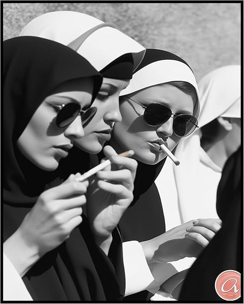 Posterizer 1 pcs-black-and-white photograph captures an unconventional nuns smoking 2-Photography Art-Comedy Art-Living Room Bedroom Decor- unfram...
