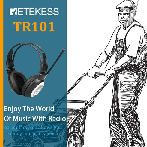 Retekess TR101 FM Radio Headphones, Headset for Mowing, Digital Wireless Radio for Mowing, Walking, Riding, Powered by AA Battery (Pack of 1)...