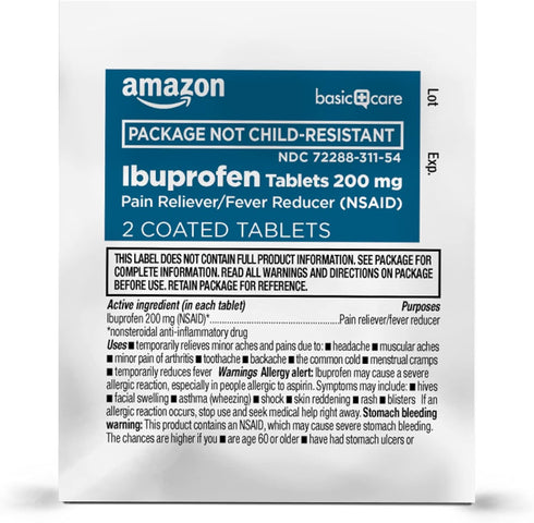 Amazon Basic Care Ibuprofen Tablets, 200 mg, Pain Reliever and Fever Reducer, For Headache, Muscular Aches, Arthritis, Backache and More, 100 Coun...