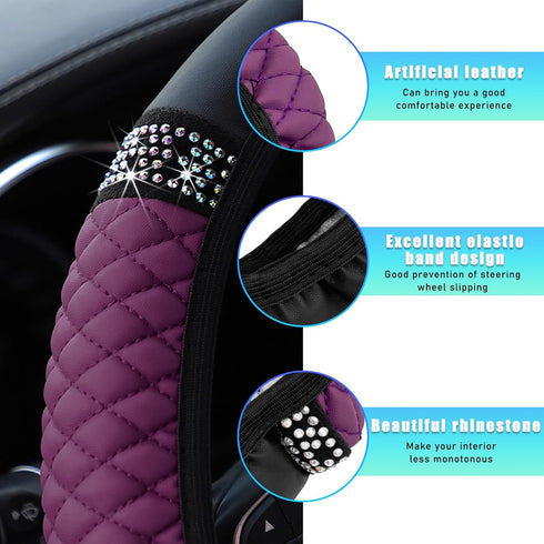 Bling Soft Leather Steering Wheel Cover, 14.5-15 Inch Sparkly Rhinestone Steering Wheel Protector, Non-Slip Elastic Steering Wheel Covers, Car Acc...