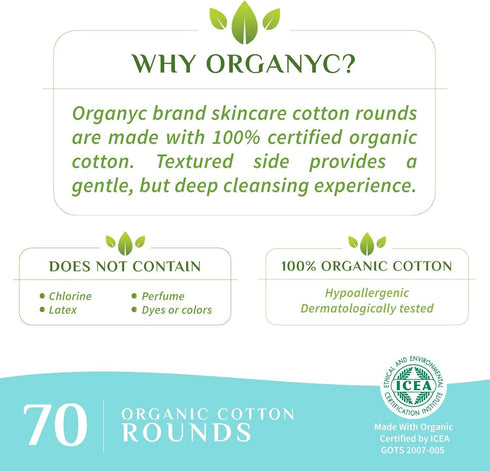 Organyc 100% Organic Cotton Rounds - Biodegradable Cotton, Chemical Free, For Sensitive Skin (70 Count) - Daily Cosmetics. Beauty and Personal Car...