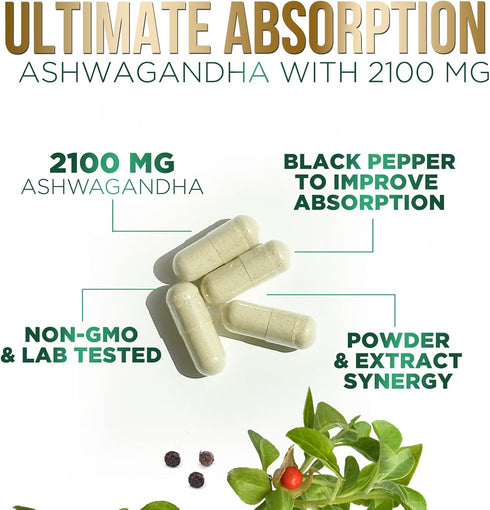 Herbal Ashwagandha 2,100 mg - Extra Strength Unwind, Calm & Relax Support with Black Pepper - Natural Focus & Energy Support - Ashwagandha Powder ...