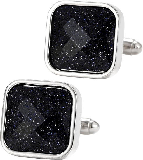Square Natural Blue Sanstone Cufflinks for Men In Gift Case Polyhedral Gemstone Silver Men's Cufflinks Jewelry Set for Wedding Party Anniversary B...