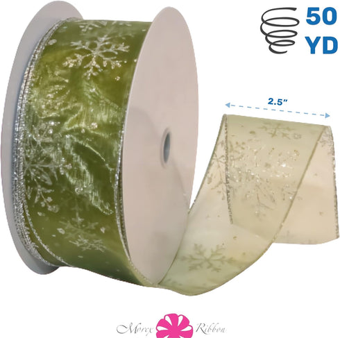 Morex Snowflake 2.5" X 50 YD Nylon Sheer Wired Glitter Ribbon in Spring Moss/Silver...