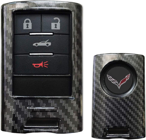 iJDMTOY Black Carbon Fiber Pattern Hard Plastic Shell Keyfob Protective & Keychain Compatible With Cadillac OEM 5923887 22756465, etc (ATS CTS DTS...