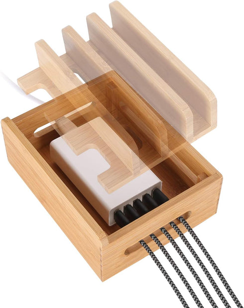 Bamboo Wood Multi-Device Desktop Dock Station Charger Holder Charging Cradle Charge Stand Compatible for iPhone 13 12 11 Pro Max XS XR X 8 7 Plus ...