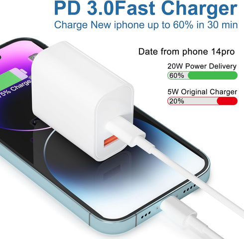 Phone Charger 3Pack 20W Dual Port QC + PD 3.0 Power Adapter PD Fast Wall Charger Block with 1 * 3FT&2 * 6FT C to C Cables Compatible with Phone 15...