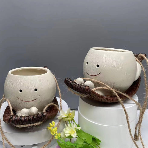 Swing Planter Pots Smiley Face Planter Hanging Resin Flower Head Planters for Indoor and Outdoor Plants,Succulent Pots for String of Pearls Plant-...
