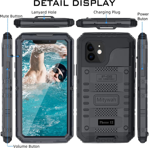 Mitywah Waterproof Case for iPhone 12, Heavy Duty Shockproof Case with Built-in Screen Protector, Full Body Underwater Protective Metal Case 6.1 i...