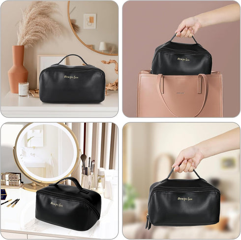 HLC Large Capacity Travel Cosmetic Bag Portable Makeup Bag, PU Leather Waterproof Women Travel Make up Bag Organizer with Handle and Divider Cosme...
