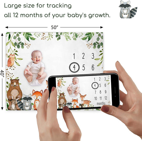 Woodland Animals Baby Milestone Blanket with Birth Stat Sign, Forest Baby Growth Chart Monthly Blanket, Watch Me Grow Woodland Baby Nursery for Ne...