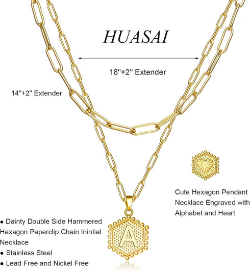 HUASAI Layer Initial Necklace for Women 18K Gold Plated Layering Paperclip Link Chain Necklace Cute Hexagon Letter Pendant Initial Choker Necklace...