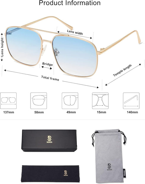 SOJOS Retro Square Aviator Sunglasses Womens Mens Double Bridge Metal Sun Glasses SJ1176...