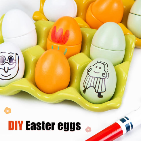 12PCS Wooden Toy Food Egg Kitchen Toys toddler Play Food Cooking DIY Kitchen Pretend Play Food Set, Early Development Easter Eggs for 2 years old...