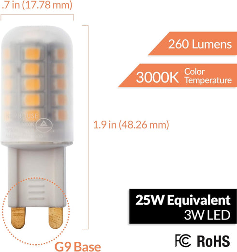 Newhouse Lighting G9 LED Bulb Halogen Replacement Lights, 3W (25W Equivalent), 260 Lumens, 120V, 3000K...