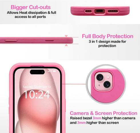 Coolwee Full Body Protective Hybrid 3 Layers Rugged for iPhone 15 Hot Pink Case - 6.1 inch, Heavy Duty Shockproof for Girls with Camera & Screen P...