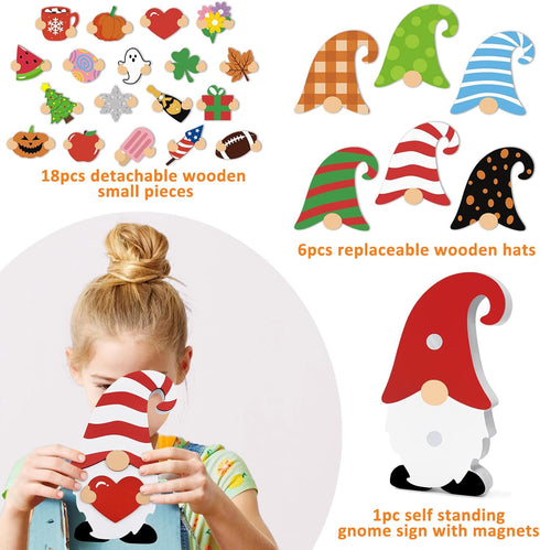 Huray Rayho Interchangeable Wooden Gnome Decor Holiday Seasonal Tiered Tray Decorative with 25 PCS Magnet Swappable Pieces Detachable Hat Office H...