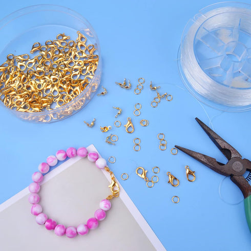 500pcs Jewelry Making Accessories Kit, 200pcs Knot Covers Clamshell Fold-Over Bead Tips 100pcs Lobster Claw Clasps and 200pcs Open Jump Rings Conn...
