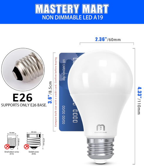 MASTERY MART A19 60-Watt Led Light Bulbs, 5000K Bright Daylight White, 800 Lumens, 6 Pack, E26, Non-Dimmable, CRI 80+ Energy Star, UL Listed, 9W [...