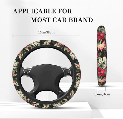 Red Hawaiian Flowers Car Steering Wheel Cover, Universal 15 Inch Soft Elastic and Comfortable Floral Steering Wheel Protector Warm in Winter and C...