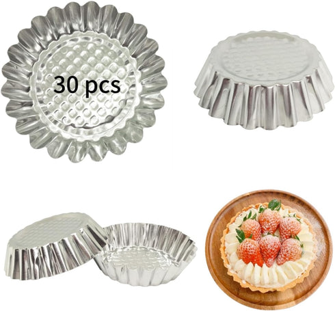Set of 30, 3-3/4" Fluted Design Round Shape Non-stick Aluminum Tart Mold, Mini Pie Tin, Tartlet Pan...