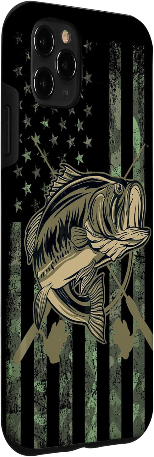 Camo American Flag Bass Fishing Gift Love Fishing Fisherman Case for iPhone 11 Pro Max...