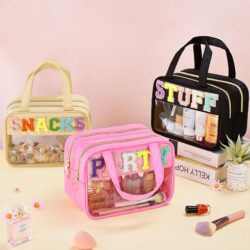 Chenille Letter Clear Makeup Bag, Preppy Cosmetic Bag Clear Snack Bags with Zipper, Stuff Bag Waterproof Sunscreen Bag Travel Toiletry Bag Cosmeti...