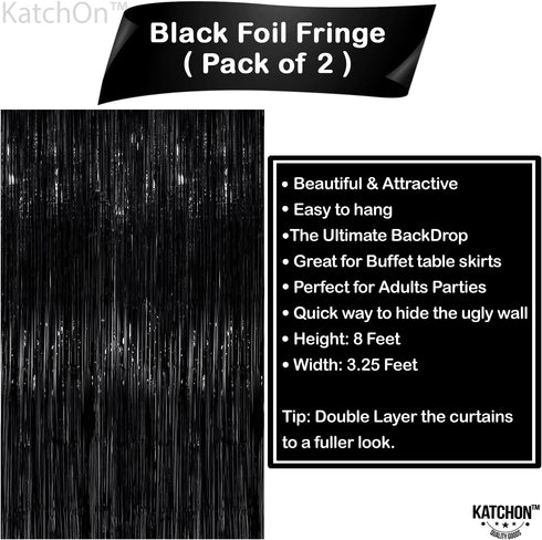 KatchOn XtraLarge Black Streamers - 3.2x8 Feet, Pack of 2 | Fringe Backdrop for Black Party Decorations | Tinsel Backdrop for Birthday, Bacheloret...