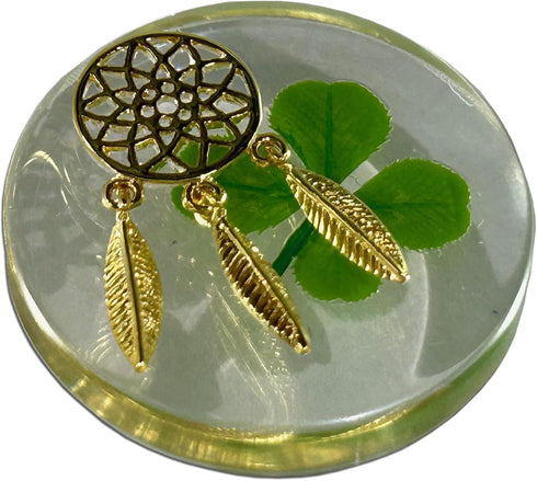 Real Four Leaf Clover Good Luck Pocket Token, Preserved, 1.25”, Including Metal Ornament (Dream Catcher)...