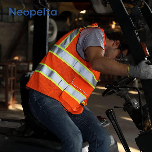 Reflective Safety Vest Orange Mesh, High Visibility Vest with Pockets and Zipper, Padded Neck, Construction Work Vest ANSI Class 2, Orange with Ye...